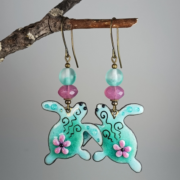 Artisan Jewelry - HAND CRAFTED Artisan Enamel Turquoise Aqua Pink Sea Turtle Dangle Earrings